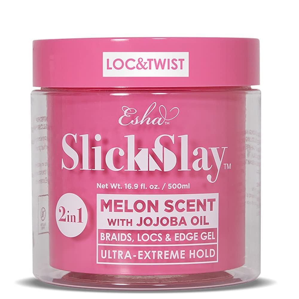 Esha Slick N Slay Melon braiding gel jar front demonstrates ultra hold for flawless braids