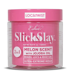 Esha Slick N Slay Melon braiding gel jar front demonstrates ultra hold for flawless braids