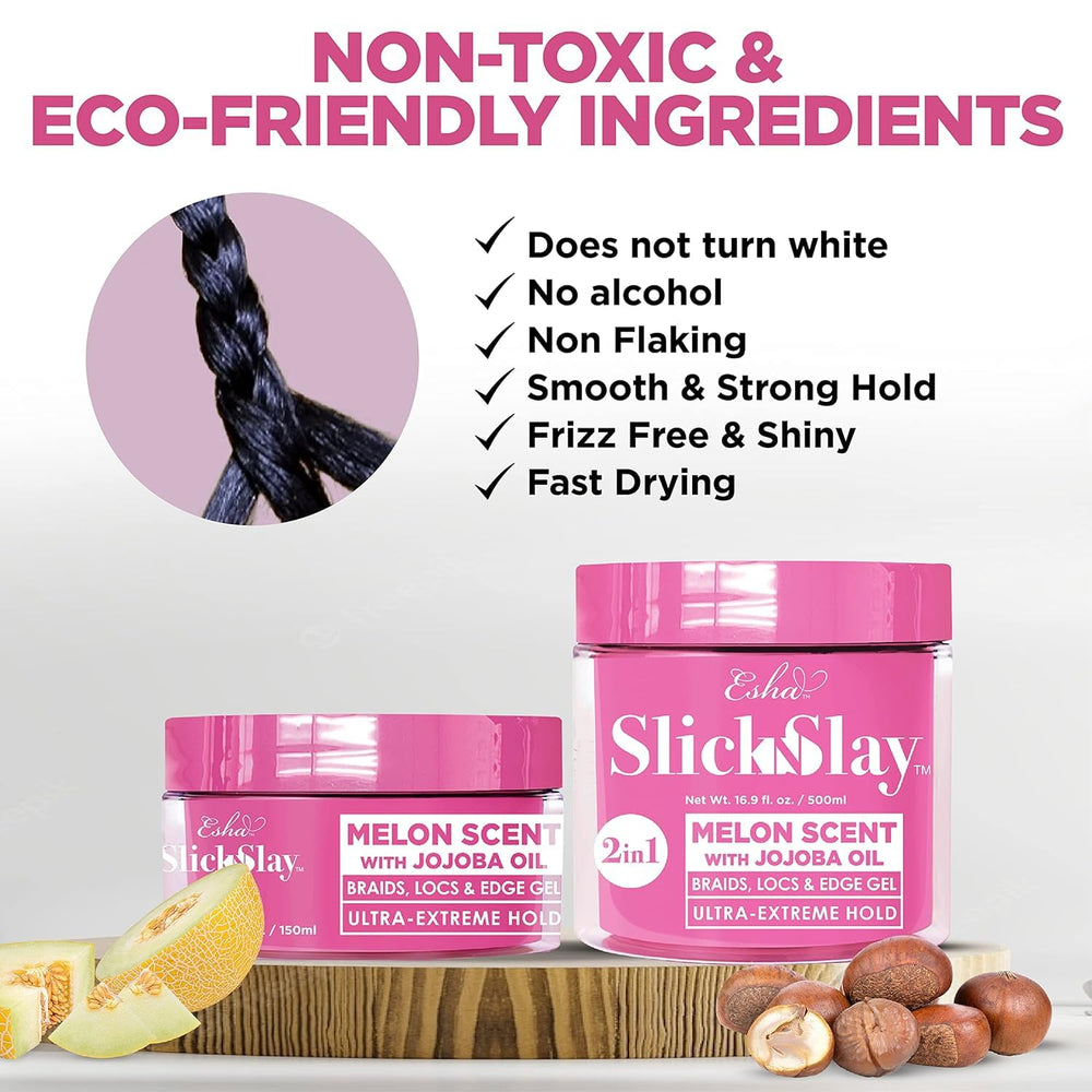 Esha Slick N Slay melon infused scent enhances the styling experience.