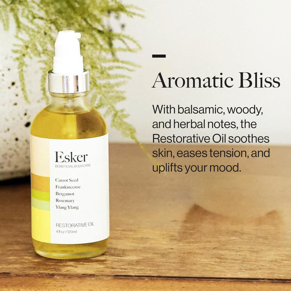 ESKER Restorative Body Oil applied to legs for hydration and comfort