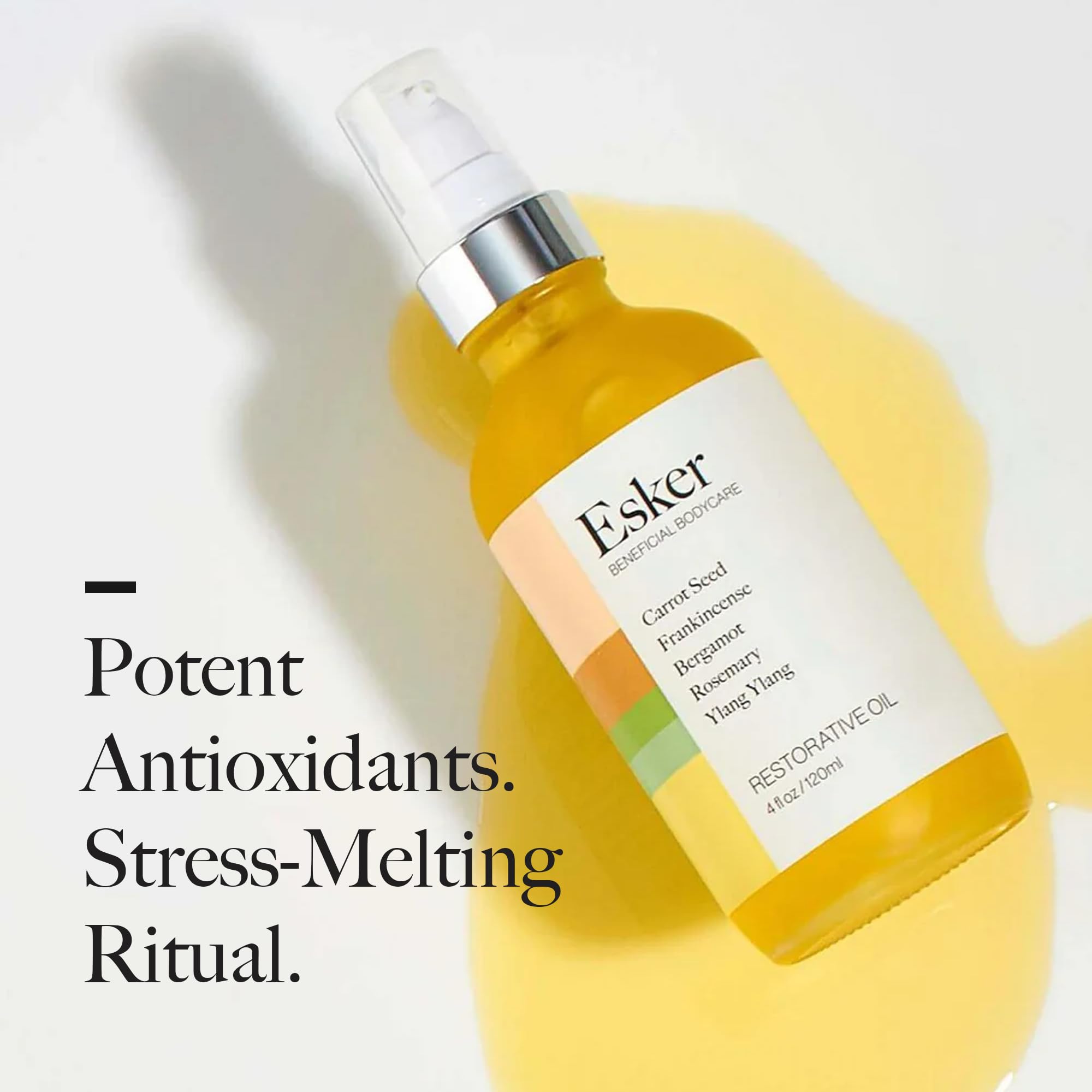 ESKER Restorative Body Oil pour highlights silky texture for quick hydration