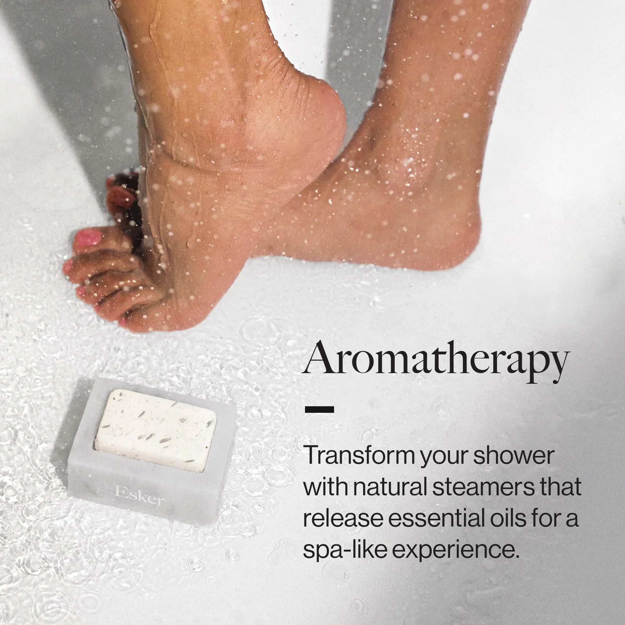 Lifestyle shot of a cozy morning shower ritual with ESker refill.