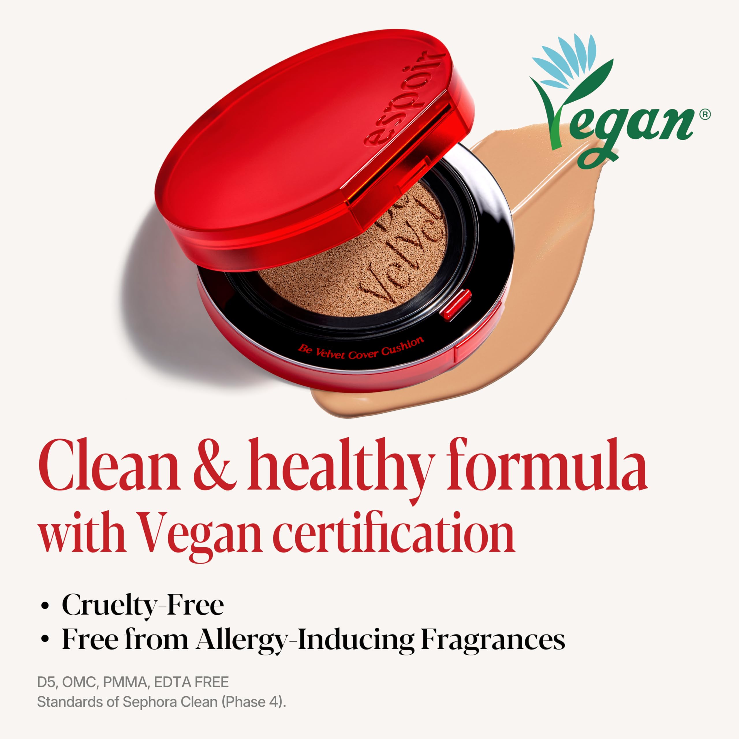 Espoir Be Velvet Cushion Foundation Deep Maple packaging highlights vegan cruelty-free formula