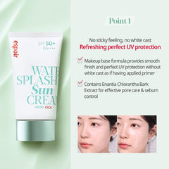 Espoir Water Splash Sun Cream featuring green tea and centella for soothing moisture