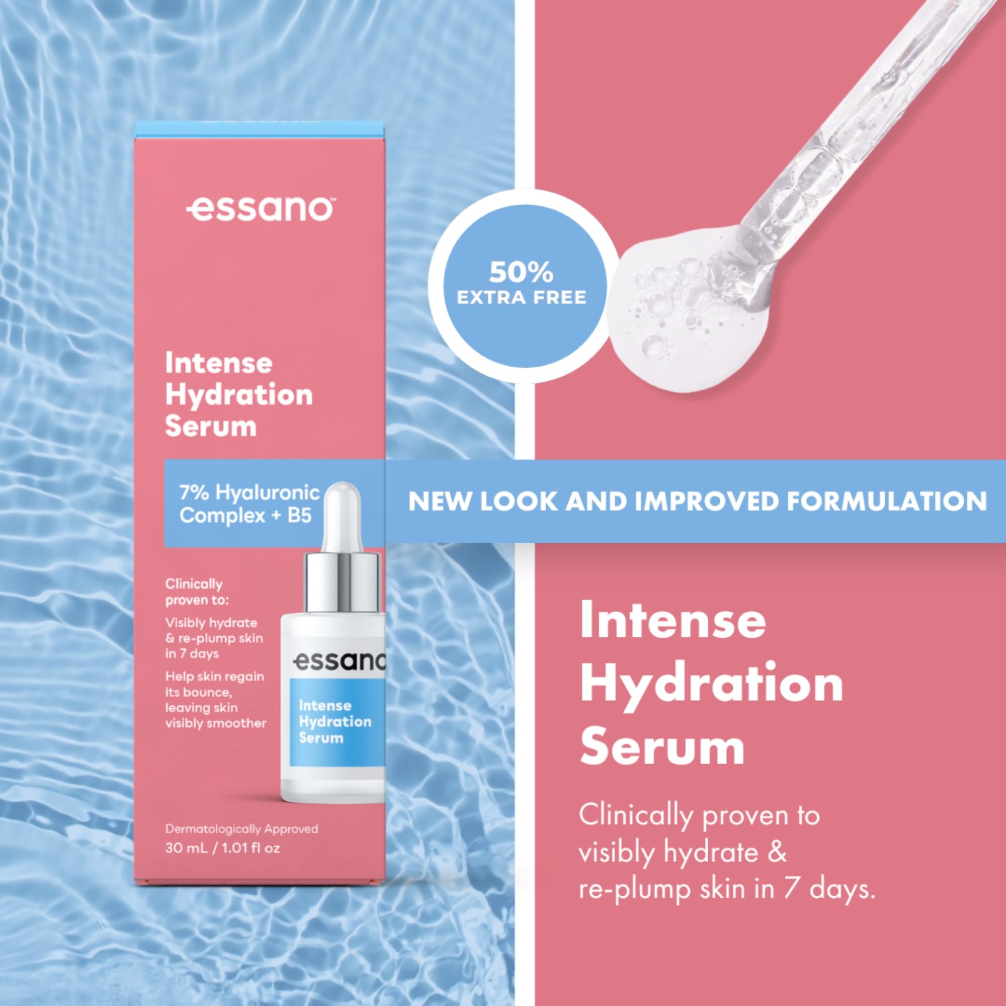 Essano Intense Hydration Serum dropper enables precise, gentle application.