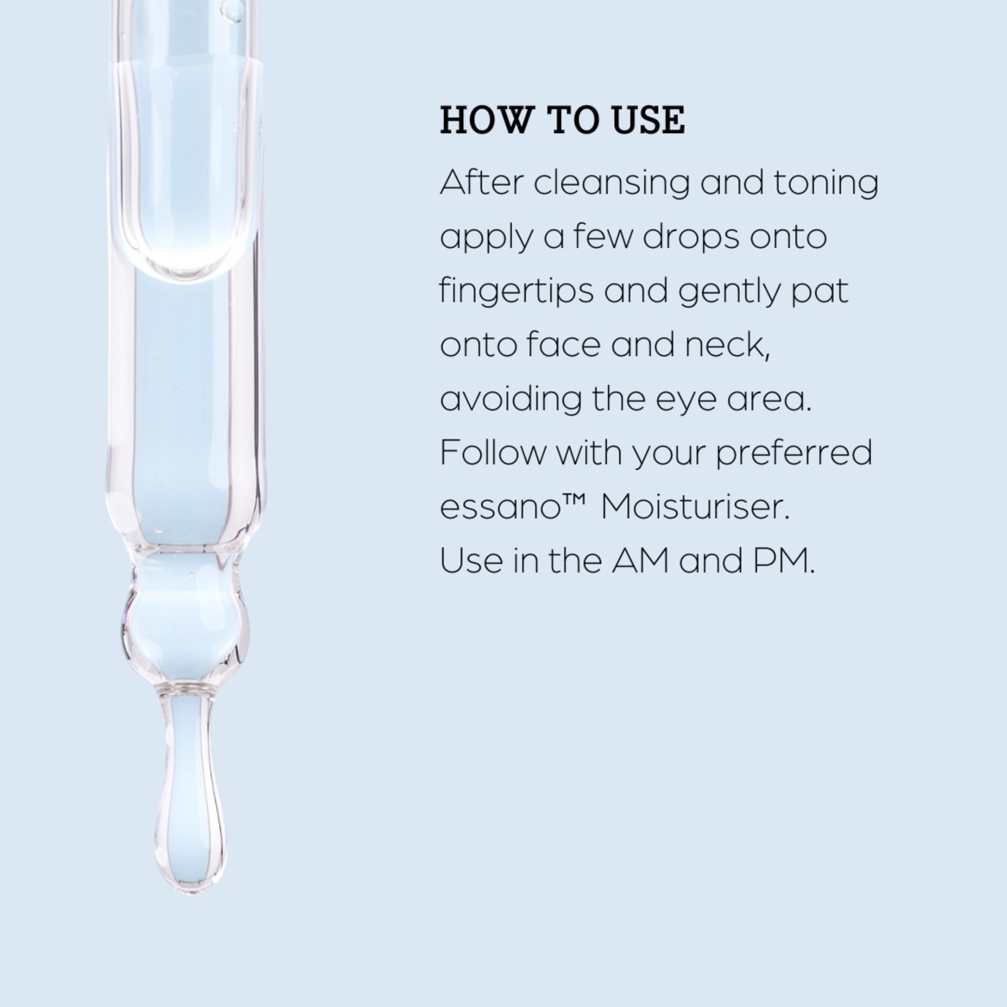 Essano serum texture close-up reveals silky hydration for healthy-looking skin.