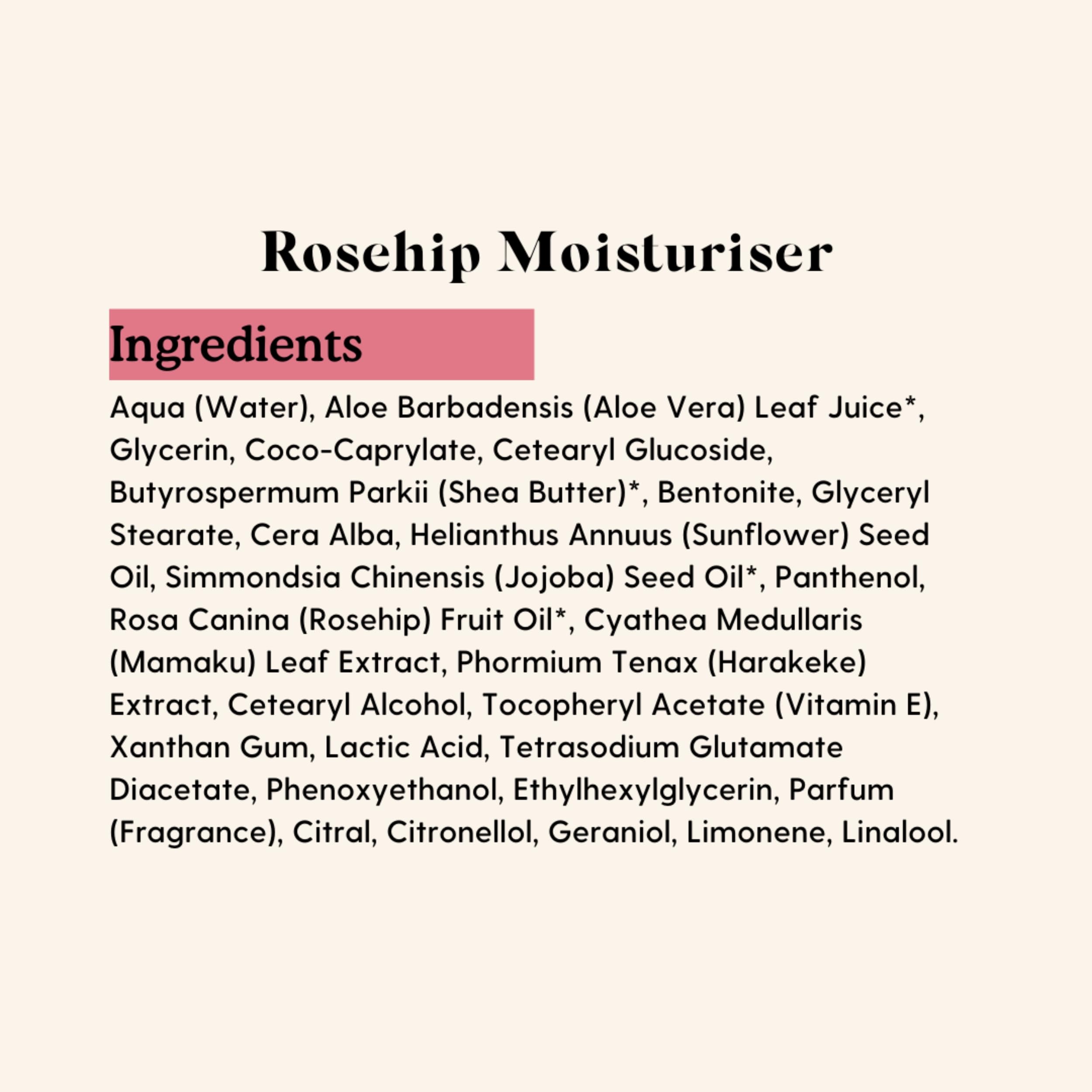Essano Rosehip Regenerating Facial Moisturiser ingredients on label indicate natural, cruelty-free skincare.