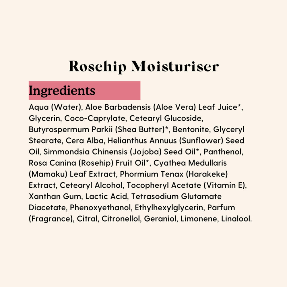 Essano Rosehip Regenerating Facial Moisturiser ingredients on label indicate natural, cruelty-free skincare.