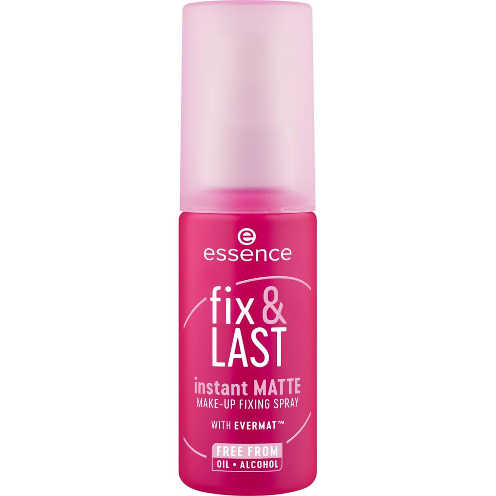 essence Fix & Last Instant Matte Spray bottle delivering a shine-free, long-lasting finish