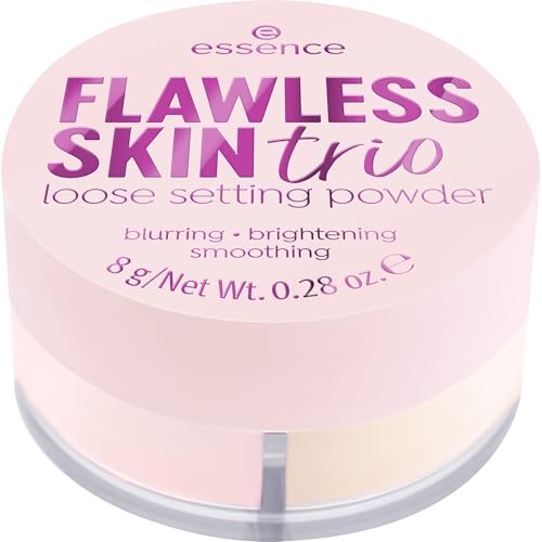 Essence Flawless Skin Powder Trio pink-peach-lilac swatches for brightening and color correcting.