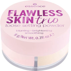 Essence Flawless Skin Powder Trio pink-peach-lilac swatches for brightening and color correcting.