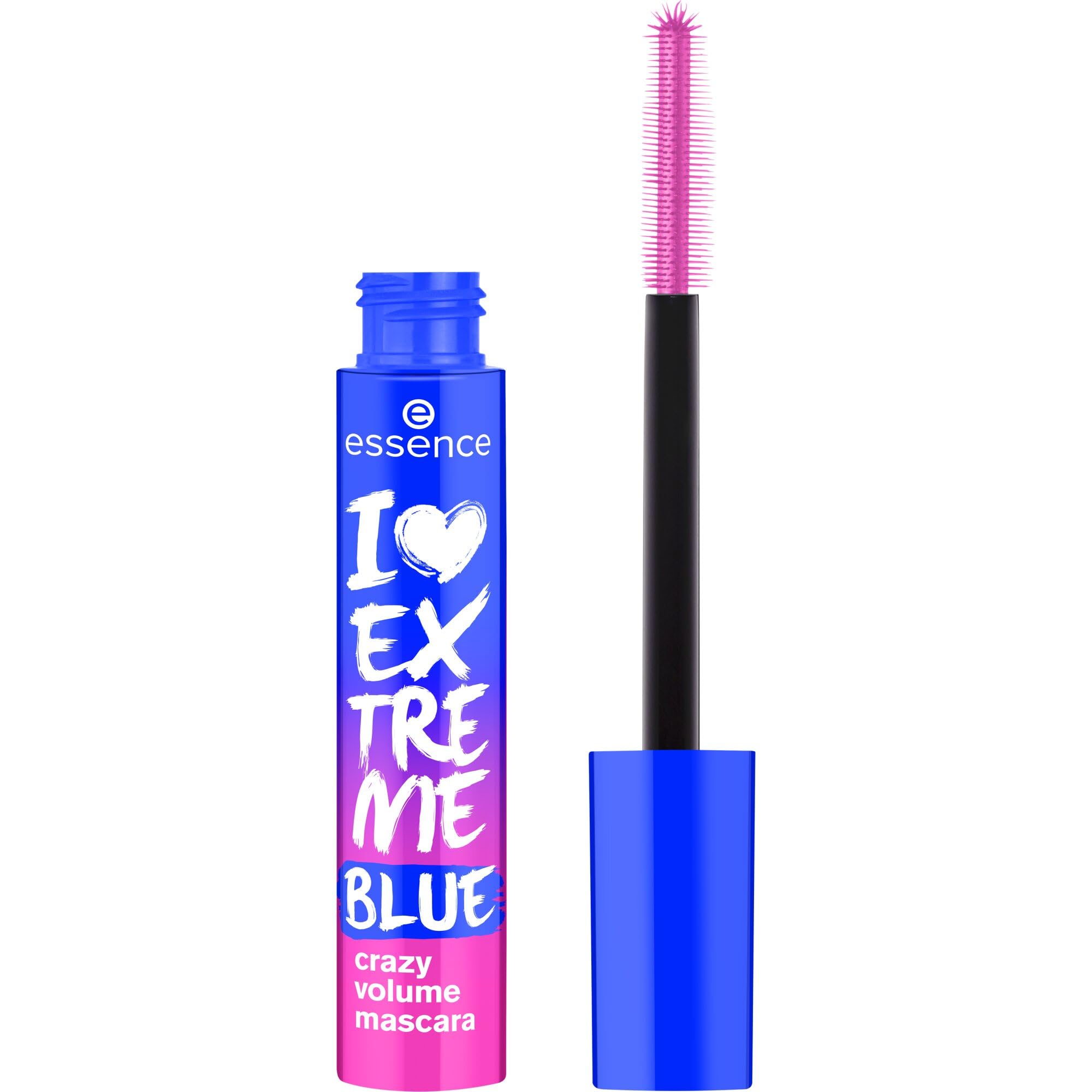 essence I Love Extreme Blue mascara bottle with bold blue pigment for statement lashes