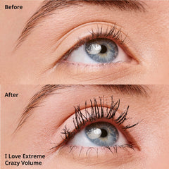 essence I Love Extreme Crazy Volume Mascara lash fan demonstrating visible separation