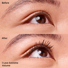 essence I Love Extreme Volume Mascara lashes after application shows length and fullness.