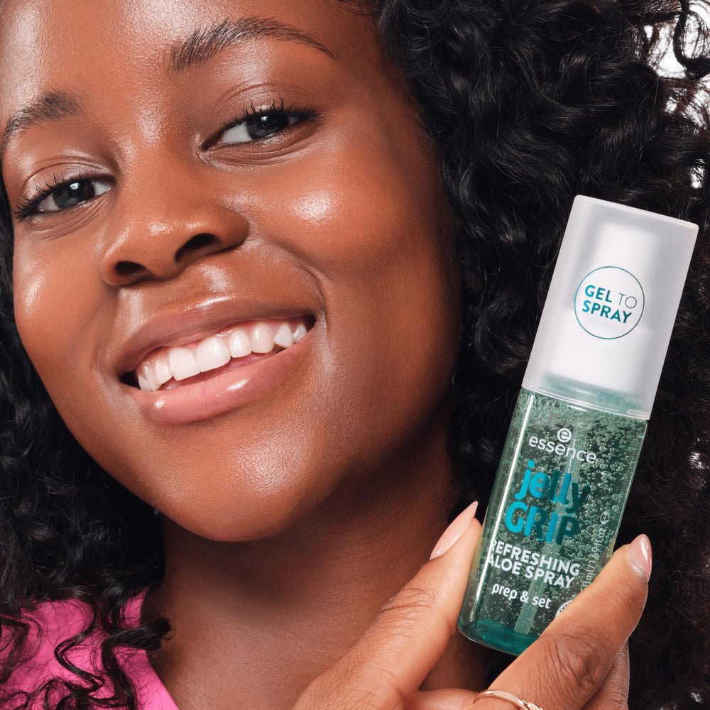 essence Jelly Grip Aloe Spray application near eyes for a light dewy finish.