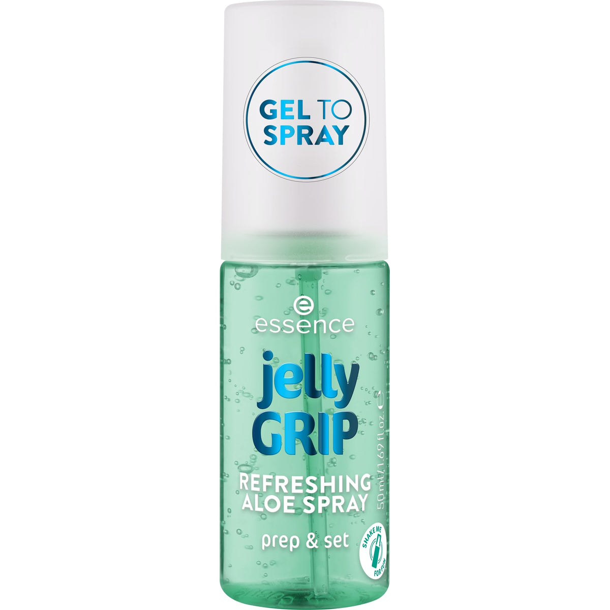 essence Jelly Grip Refreshing Aloe Spray bottle close-up showing hydrating prep and radiant skin.