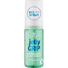 essence Jelly Grip Refreshing Aloe Spray bottle close-up showing hydrating prep and radiant skin.
