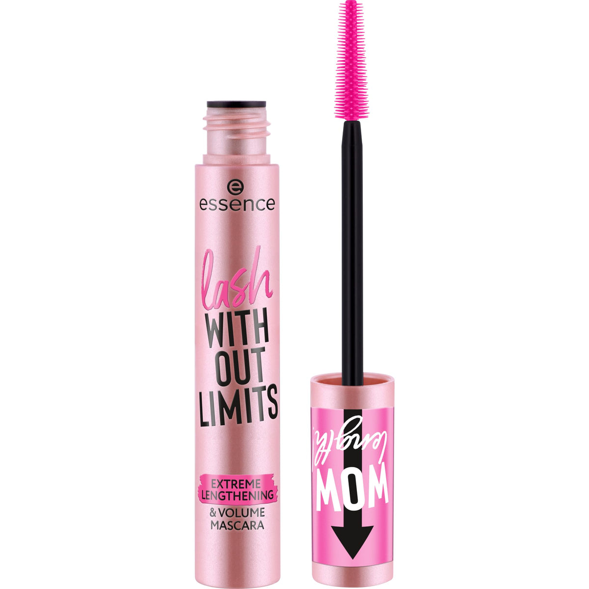 essence Lash Without Limits wand close-up showing flexible elastomer brush for precise application.