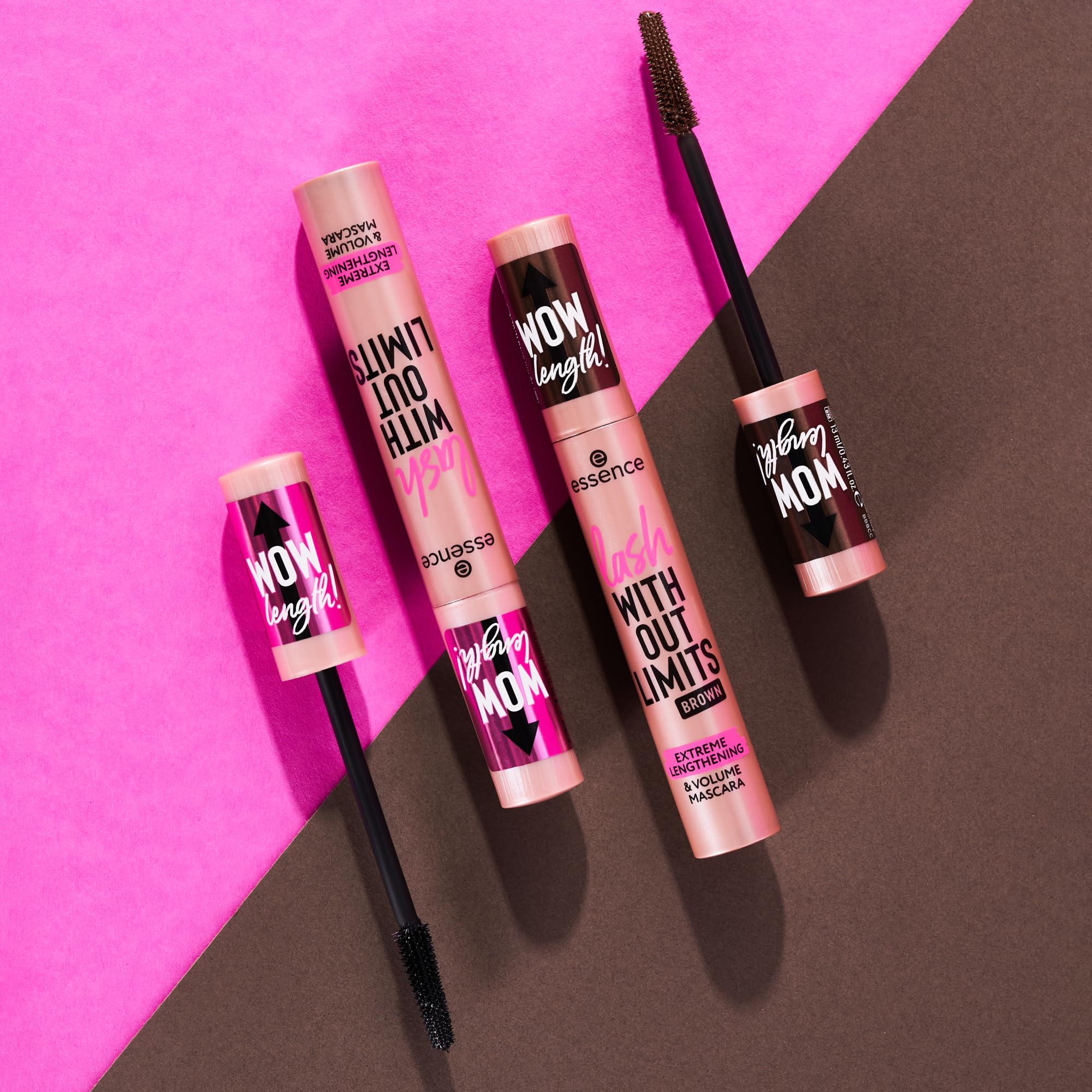 Essence Lash Without Limits shown with multiple coats for length.