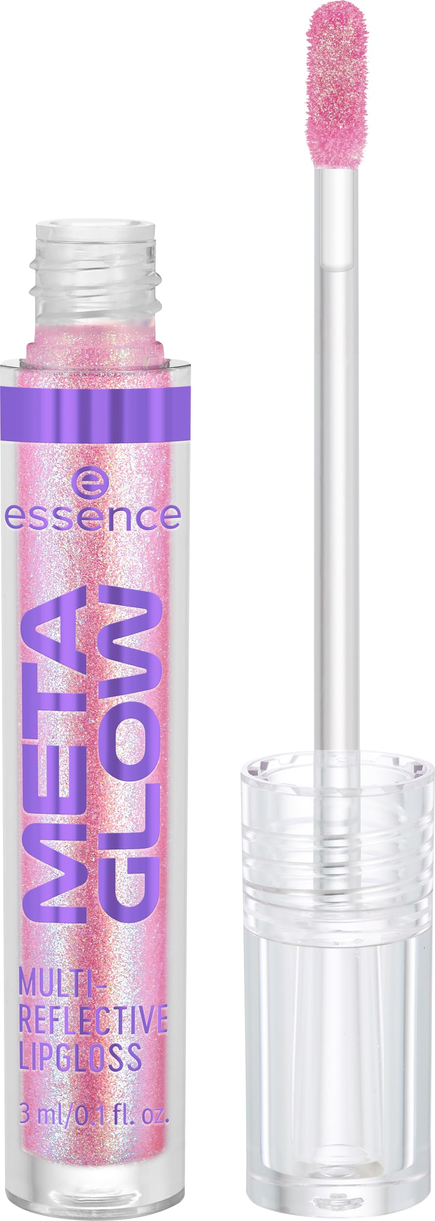 essence Meta Glow iridescent shimmer close-up for a luminous lip look.