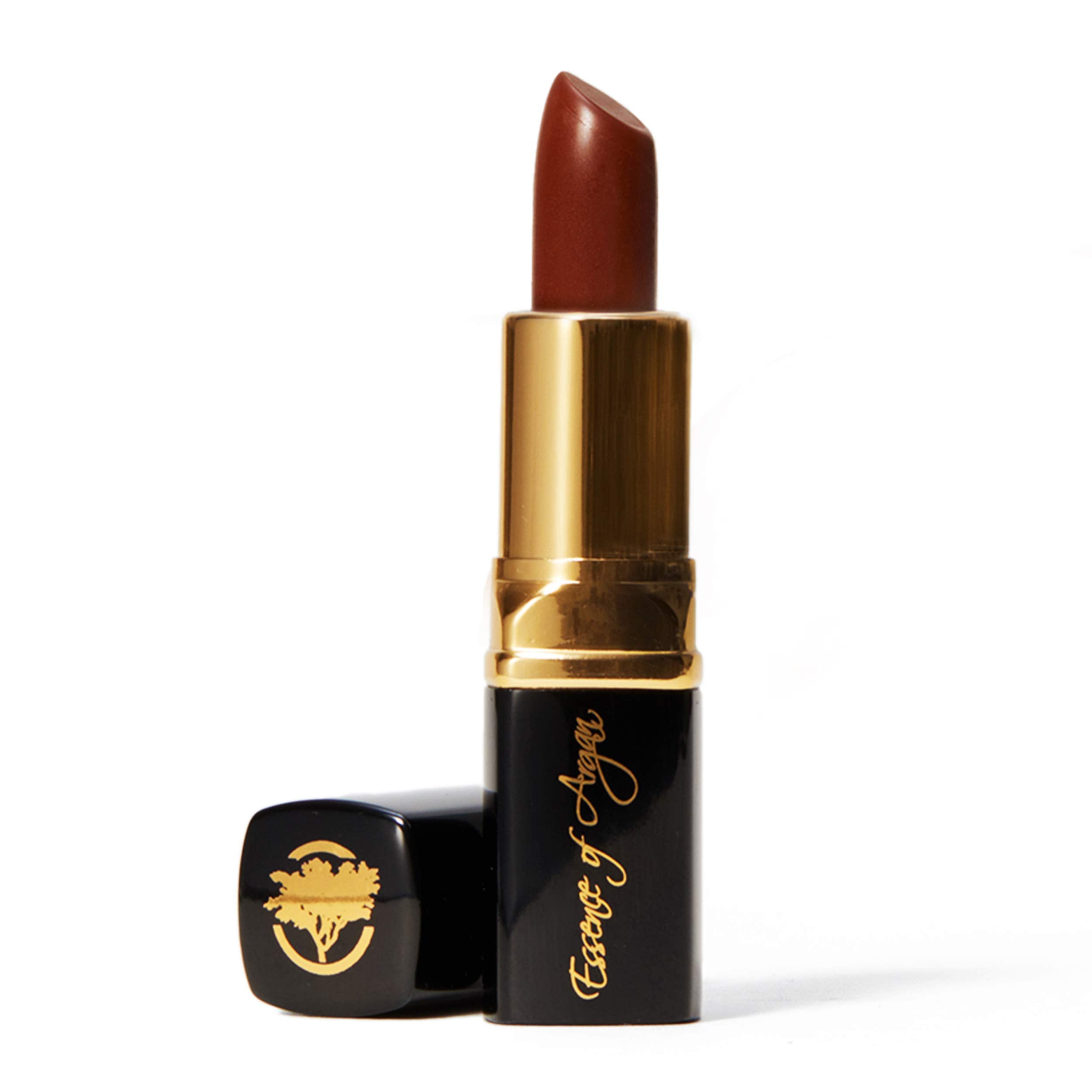 Essence Of Argan dark brown lipstick tube closeup showing rich color and hydration