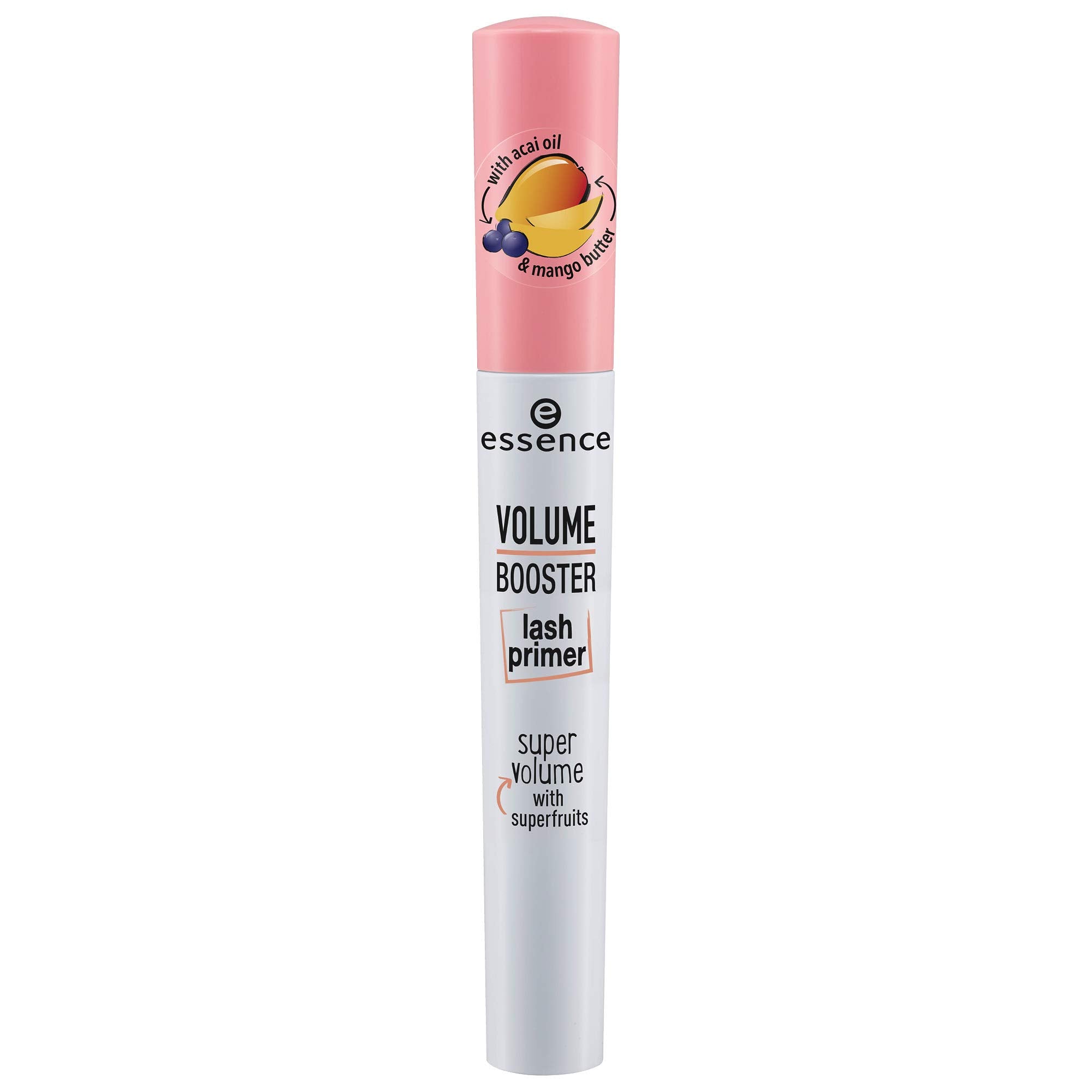 essence Volume Booster Lash Primer bottle in white, priming lashes for smooth mascara application.