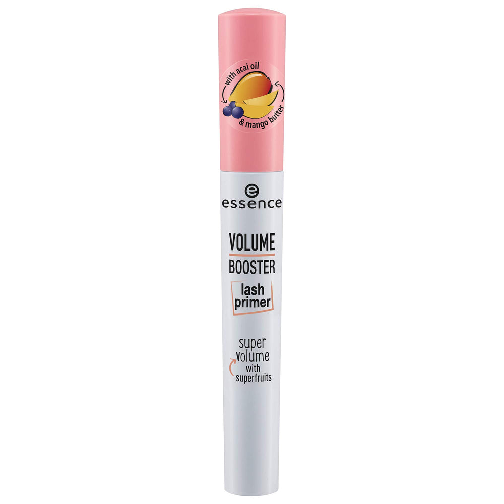 essence Volume Booster Lash Primer bottle in white, priming lashes for smooth mascara application.