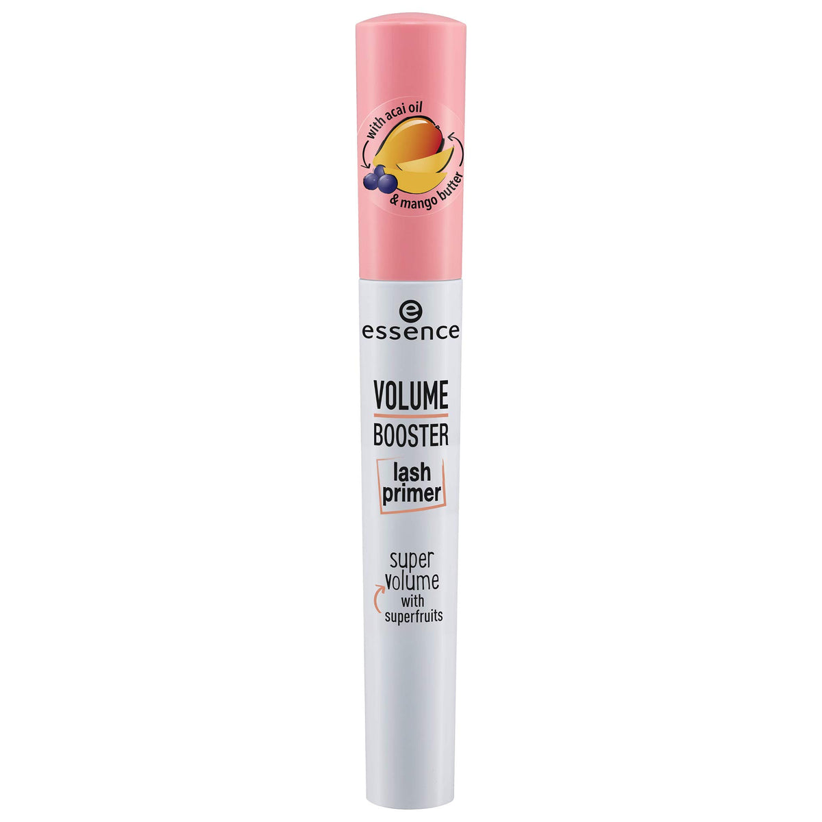 essence Volume Booster Lash Primer bottle in white, priming lashes for smooth mascara application.