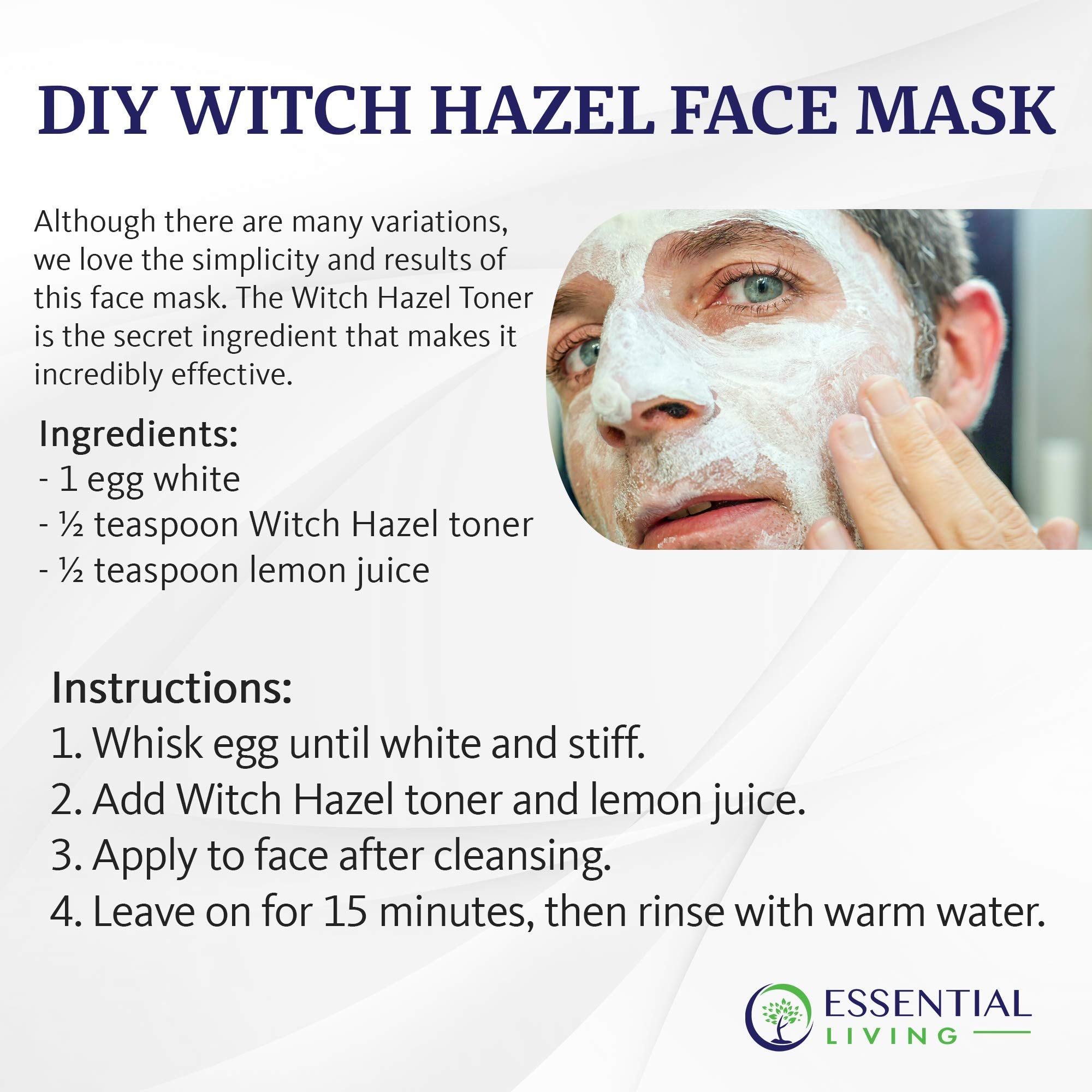 Unopened Essential Living Witch Hazel Toner packaging shows USA-made, alcohol-free formula
