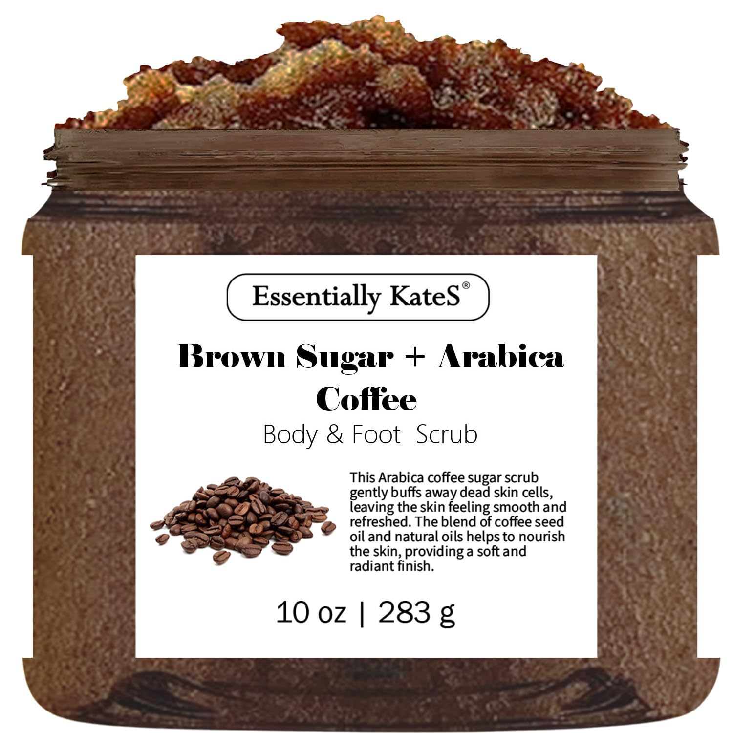 Essentially KateS brown sugar coffee scrub jar close-up for radiant, smooth skin.
