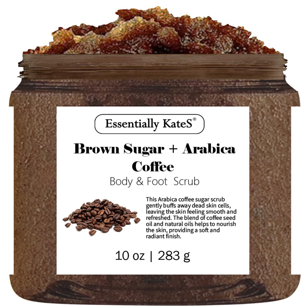 Essentially KateS brown sugar coffee scrub jar close-up for radiant, smooth skin.