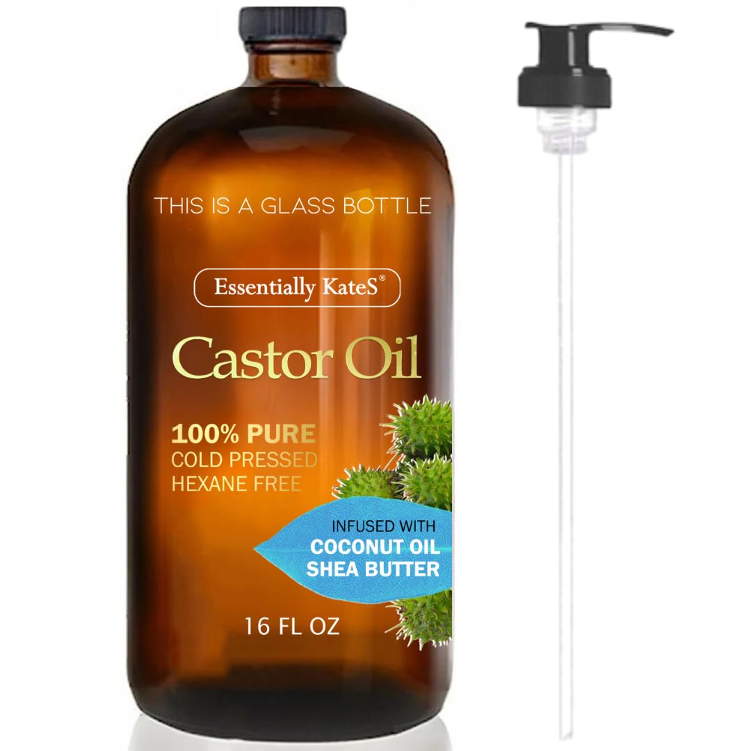 Essentially KateS Castor Oil glass bottle with pump for easy application.