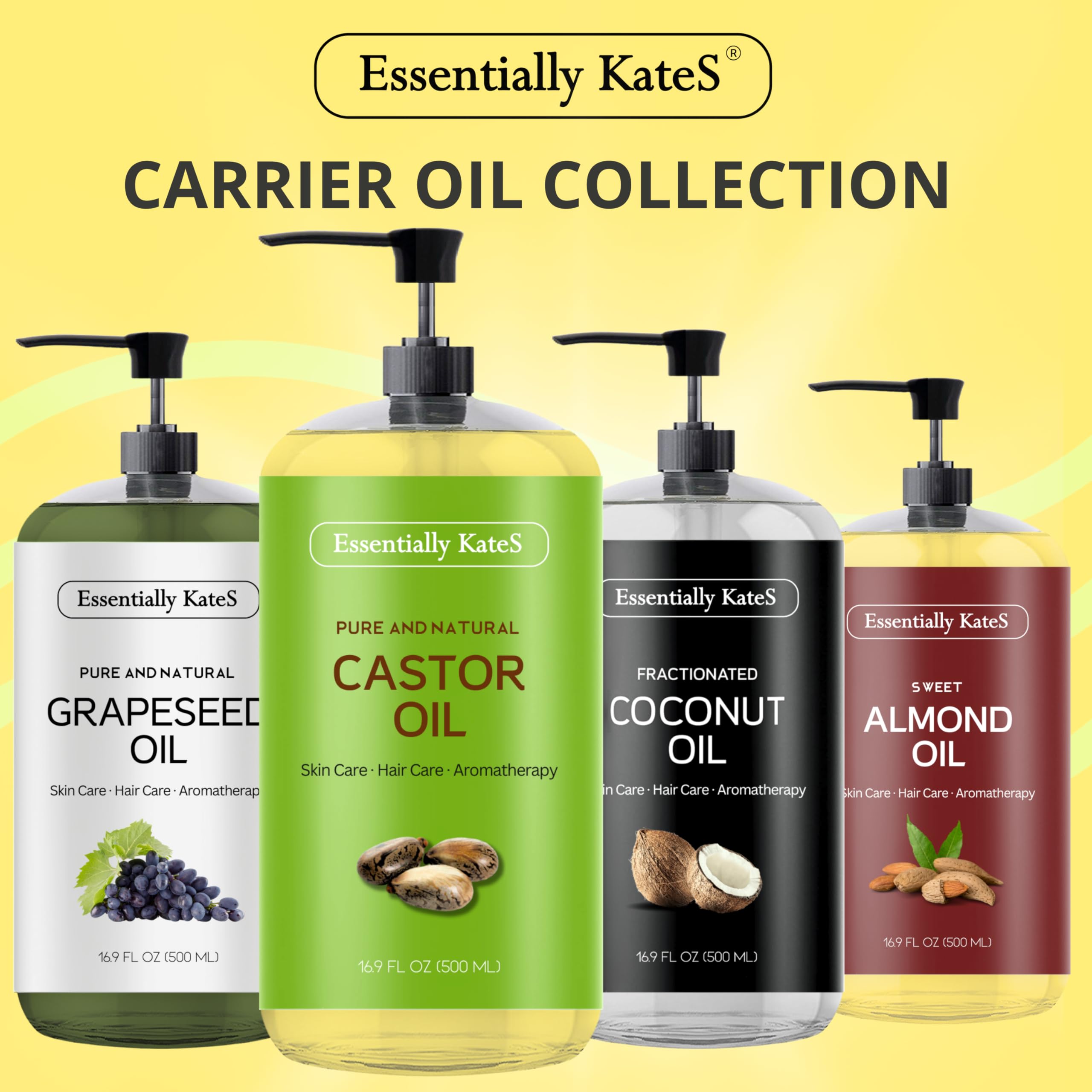 Packaging of Essentially KateS Castor Oil emphasizing hexane-free formula.