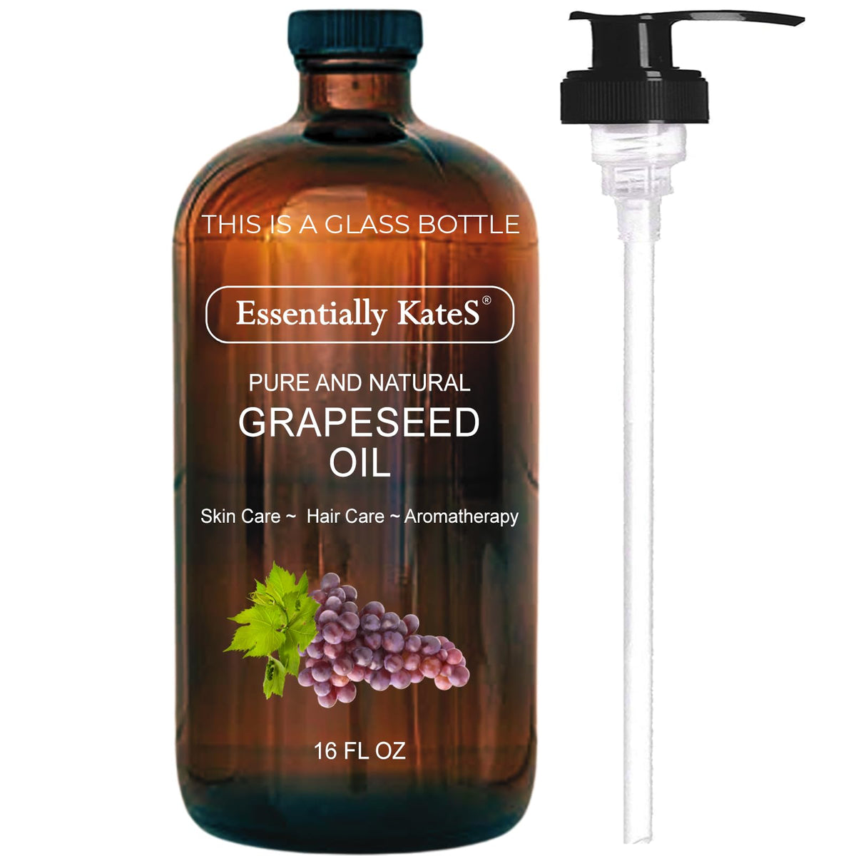 Essentially KateS Grapeseed Oil bottle with pump for easy hair, skin, body application