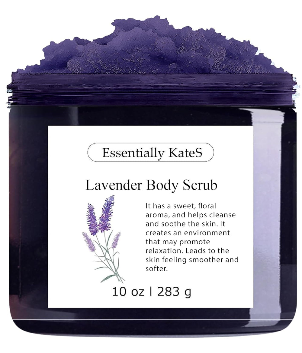 Essentially KateS Lavender Salt Scrub jar with creamy exfoliation and lavender aroma.