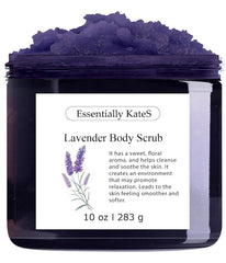Essentially KateS Lavender Salt Scrub jar with creamy exfoliation and lavender aroma.