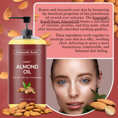 Essentially KateS almond oil bottle with pour spout supports hair nourishment.