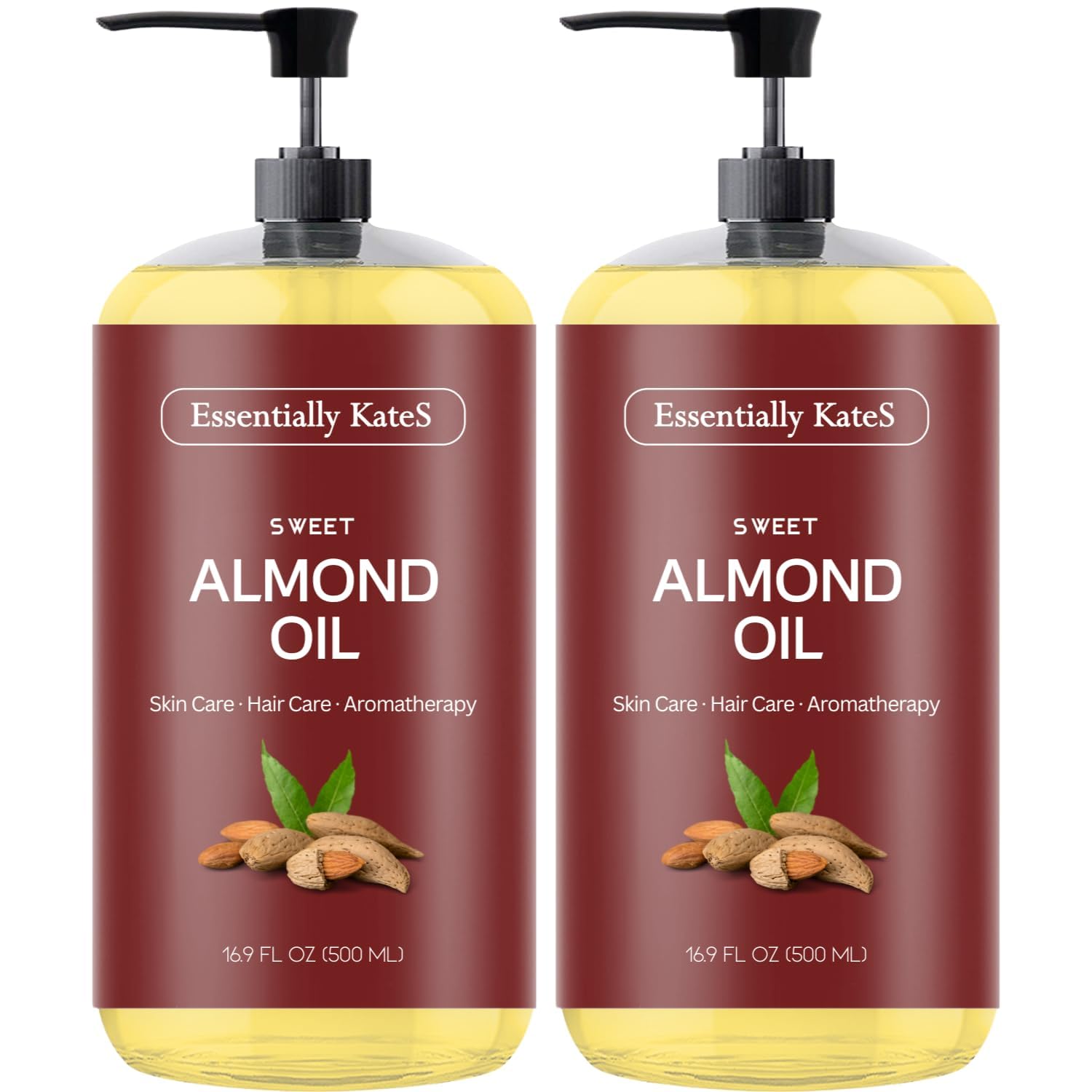 Essentially KateS Sweet Almond Oil bottle shown for nourishing, hydrated skin.