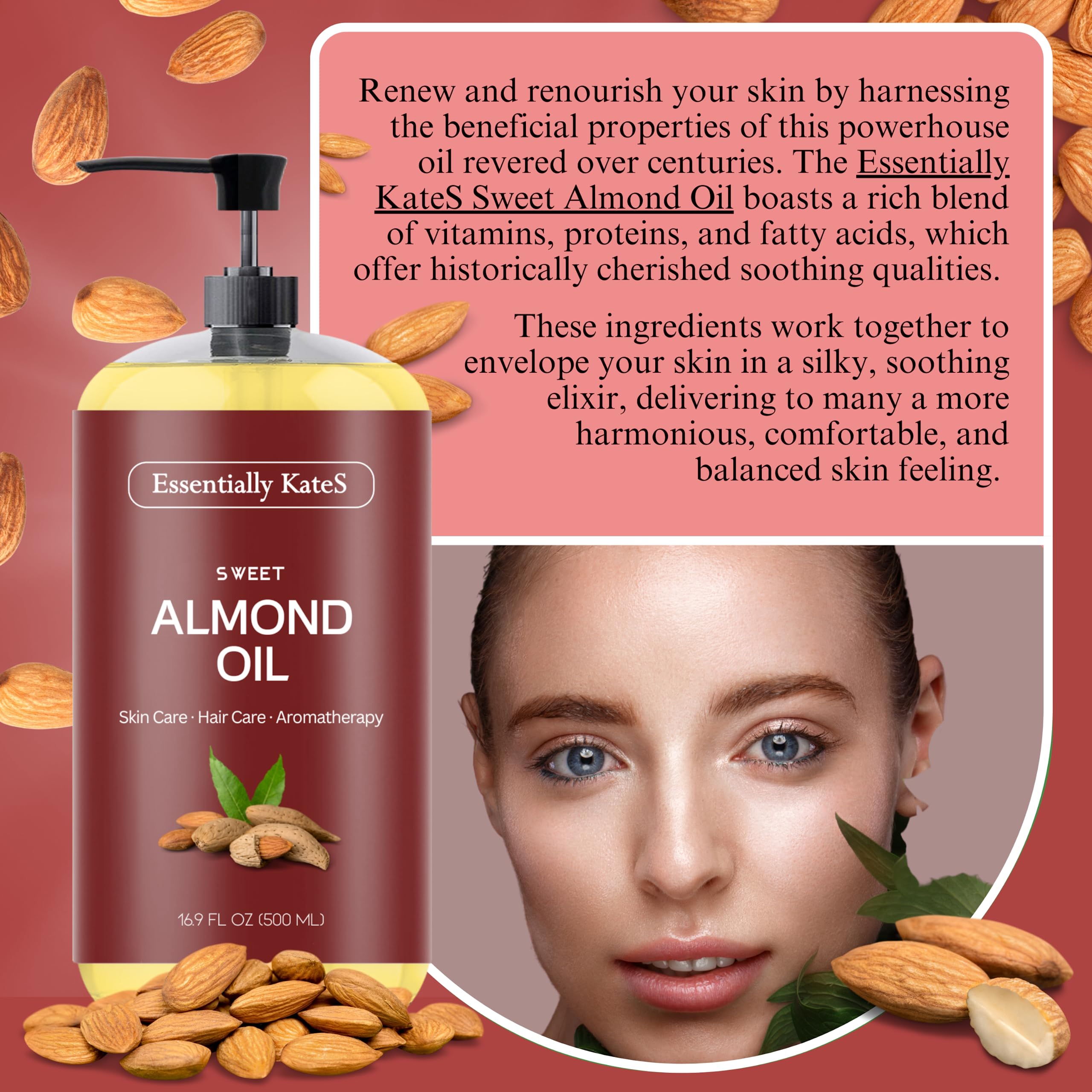 Essentially KateS Sweet Almond Oil label close-up highlighting pure ingredients