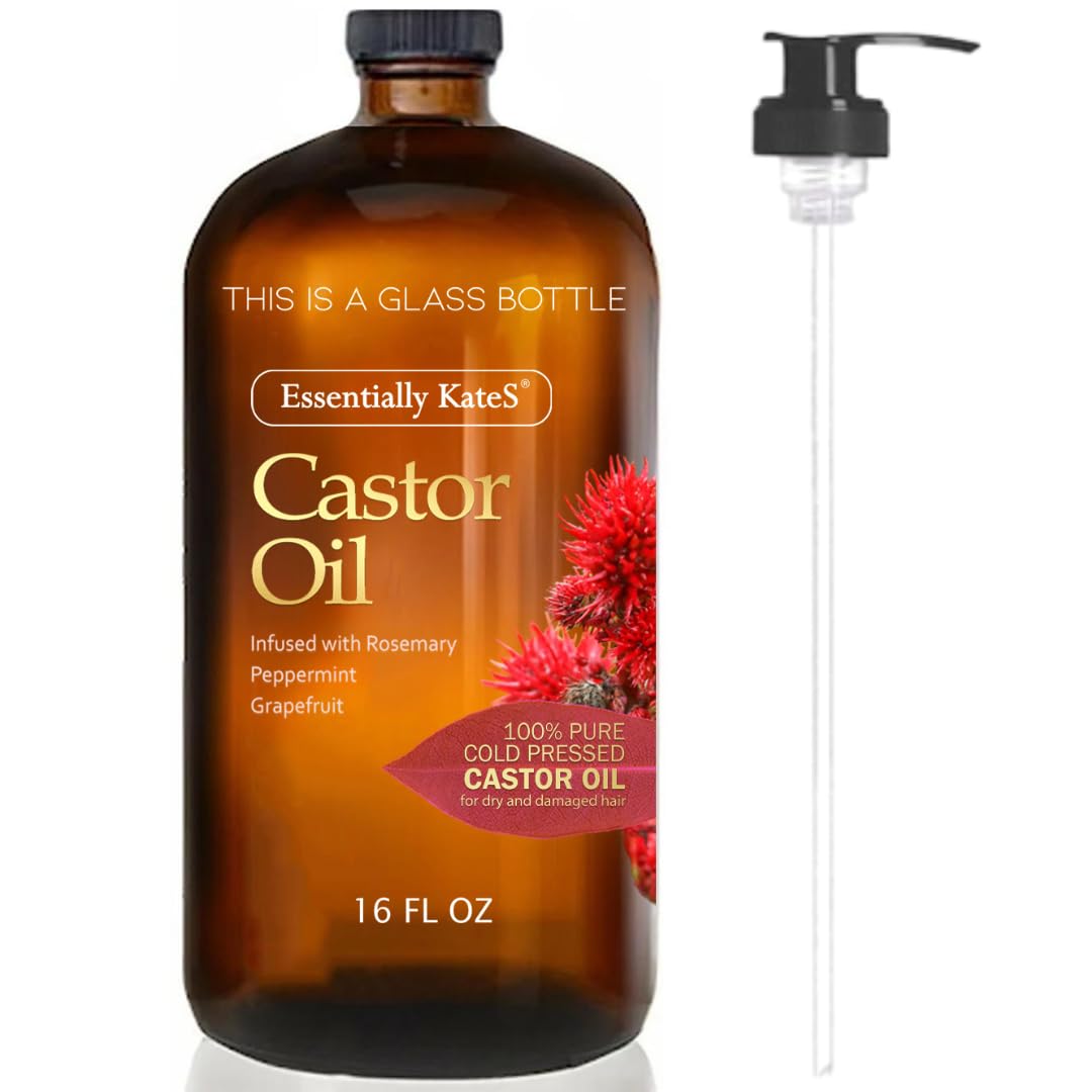 Essentially KateS castor oil 16oz bottle with pump for easy hair and skin use.