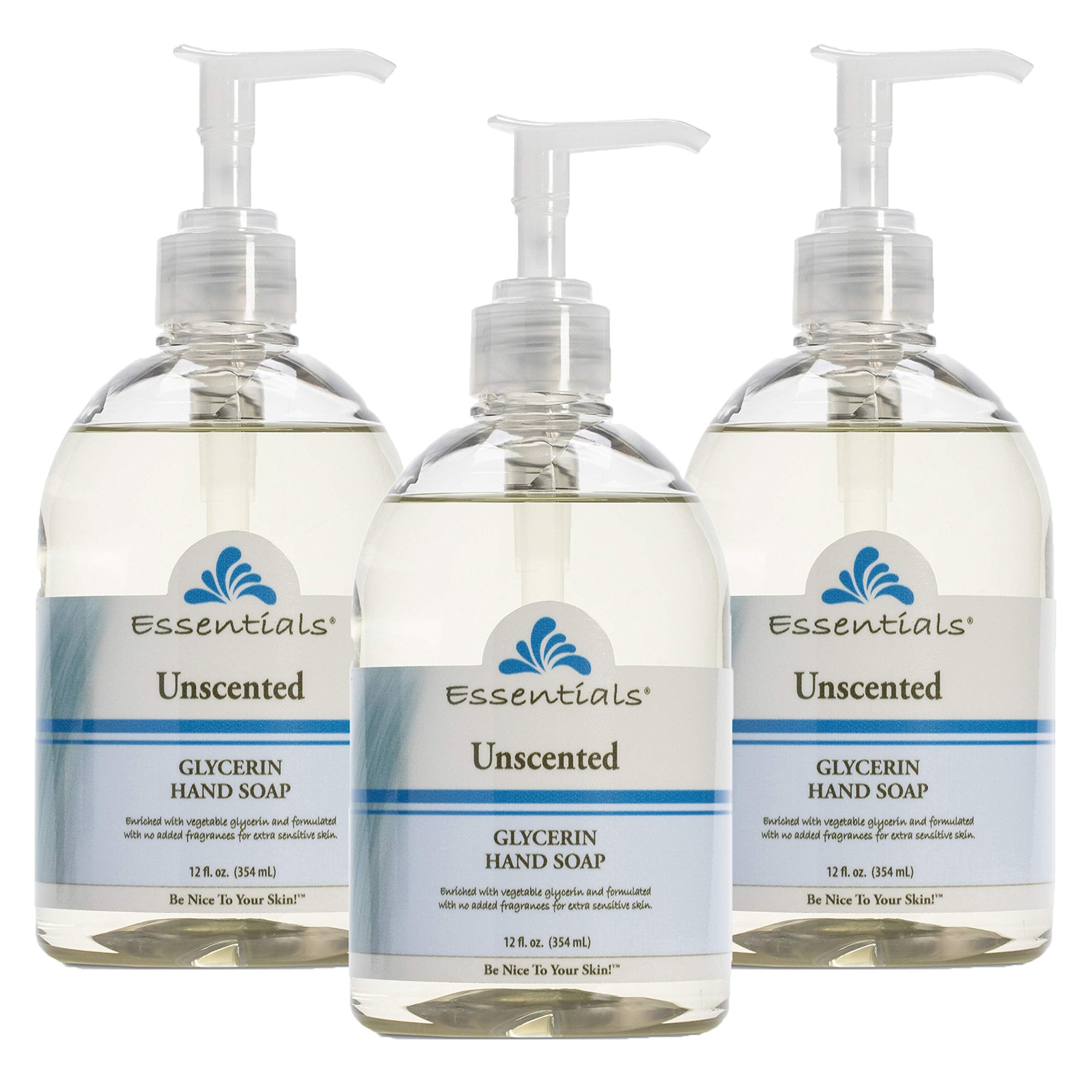 Essentials glycerin hand soap unscented 3-pack pump for clean, moisturized hands