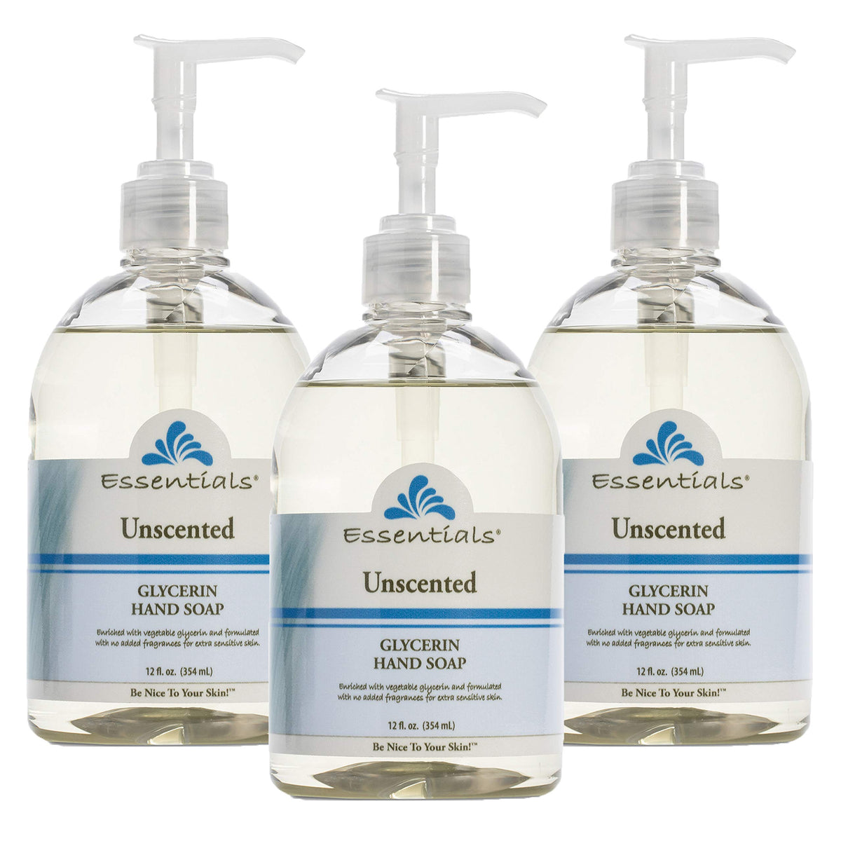 Essentials glycerin hand soap unscented 3-pack pump for clean, moisturized hands