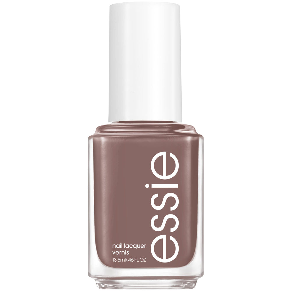 essie Crochet Away nail polish bottle shows grayish brown cream finish with glossy shine.