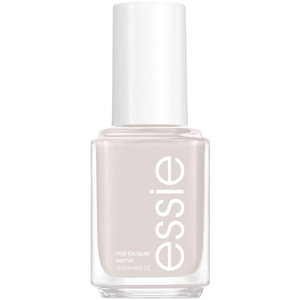 essie Cut It Out bottle closeup shows a glossy cool light gray cream finish.
