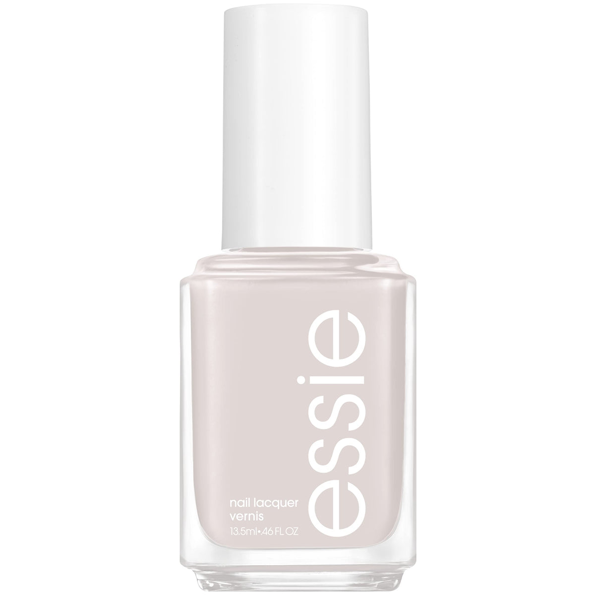 essie Cut It Out bottle closeup shows a glossy cool light gray cream finish.