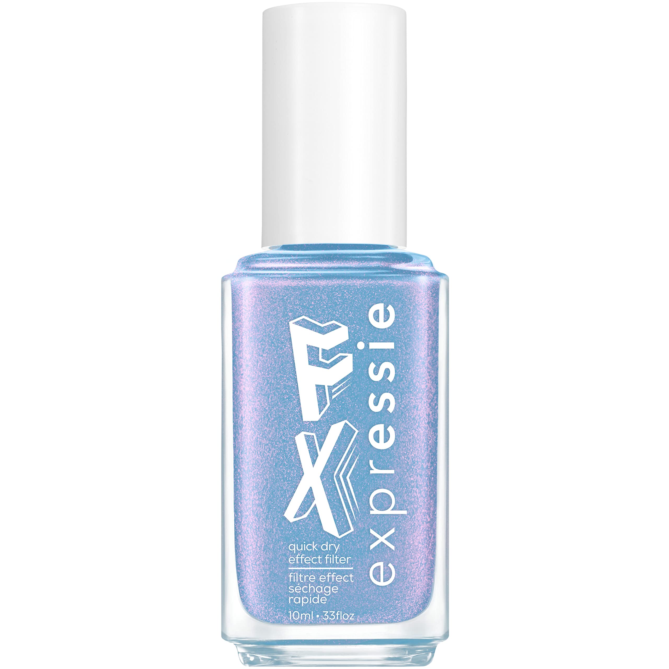 Essie Expressie FX Filter Immaterial Frost bottle shows a frosty blue glaze with shifting shimmer for quick glam.
