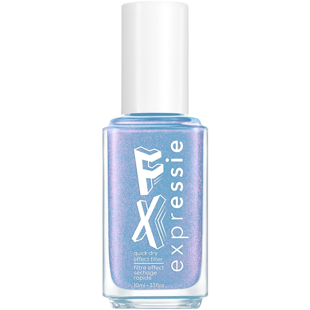 Essie Expressie FX Filter Immaterial Frost bottle shows a frosty blue glaze with shifting shimmer for quick glam.
