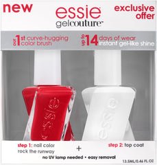 essie Gel Couture lacquer bottle close-up highlighting rich red color and quick removal.