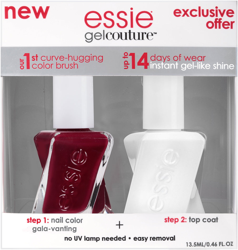 essie Gel Couture top coat bottle delivers instant shine and protection.
