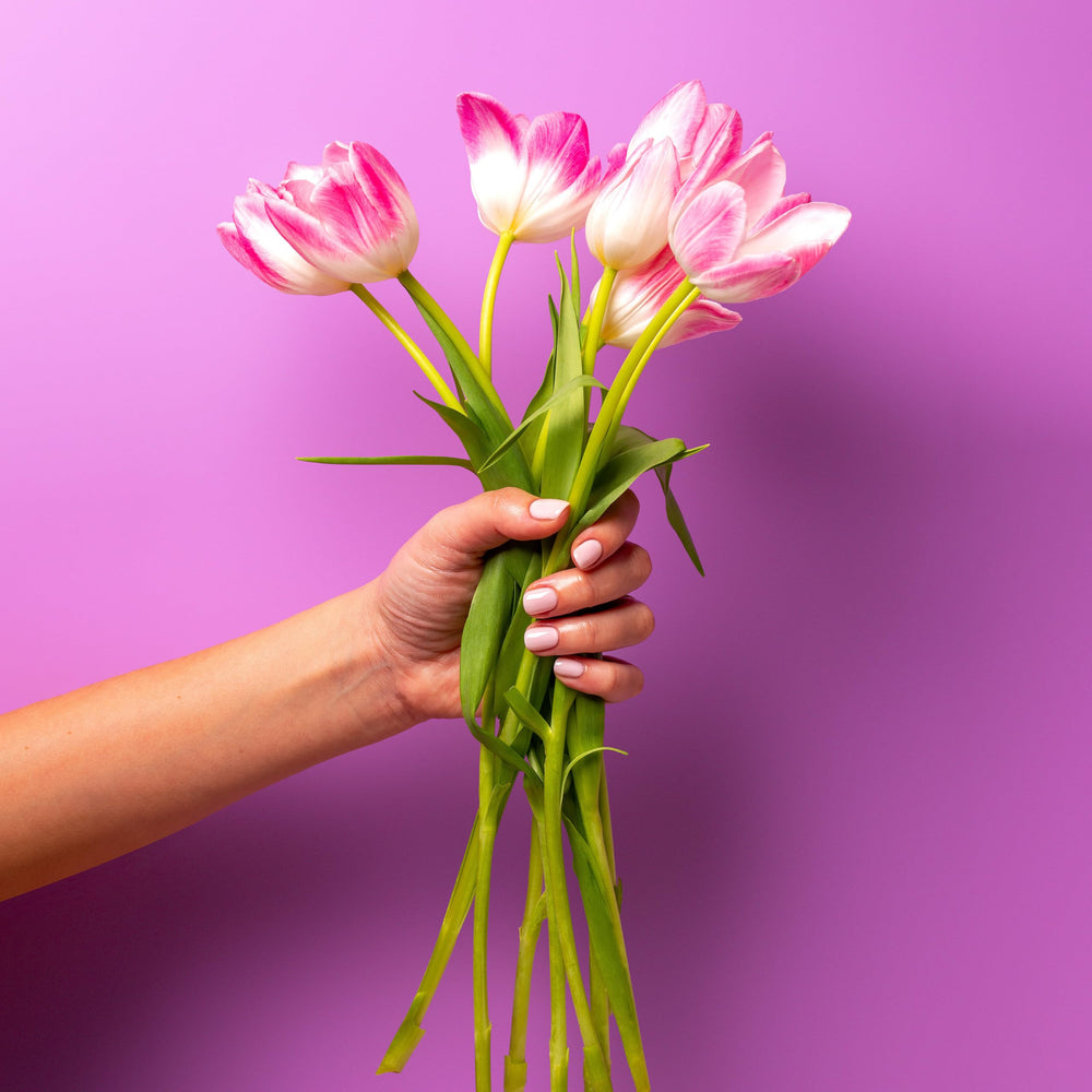 Lifestyle shot emphasizes a classic pink manicure for daily wear.